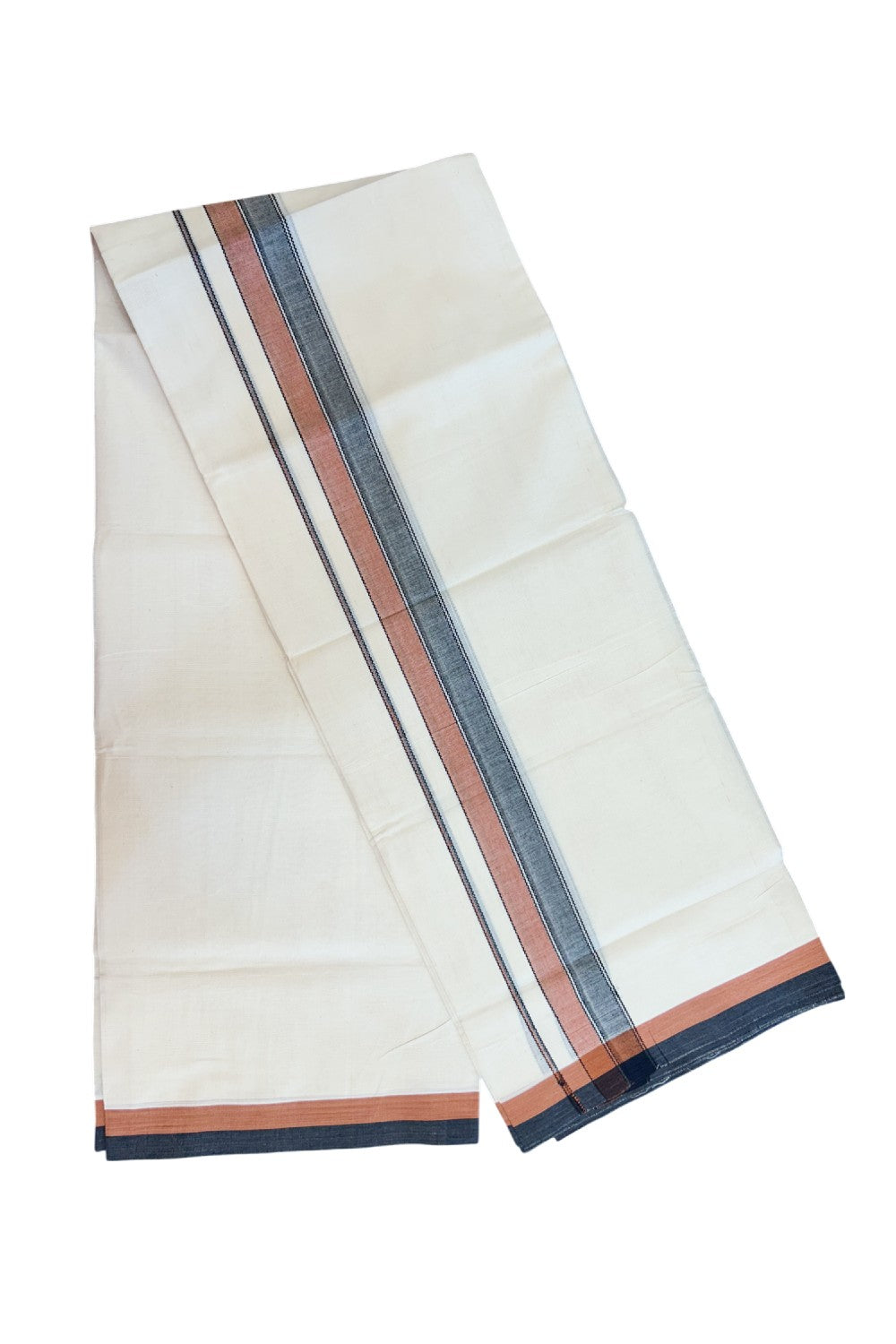 20% DISCOUNT! KaithariKada Balaramapuram 100% Cotton OFF WHITE Double (Unbleached) Mundu/Dhoti-100x80 1.75 inch Dark Orange Brown & Black designer kara 4 mtr (8.5 muzham) - 114KK5220 THI