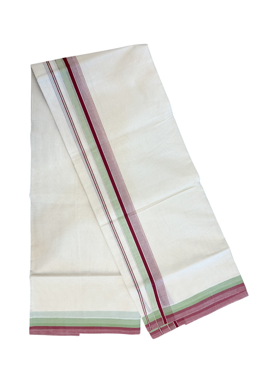 20% Discount! KaithariKada Balaramapuram 100% Cotton Double OFF WHITE (unbleached) Mundu/Dhoti- 100x80- 1.5 inch Silver Kasavu Maroon Red & Pistha Green Stripes Shaded Kara 4 mtr (8.5 muzham) - 99KK5227 PMC