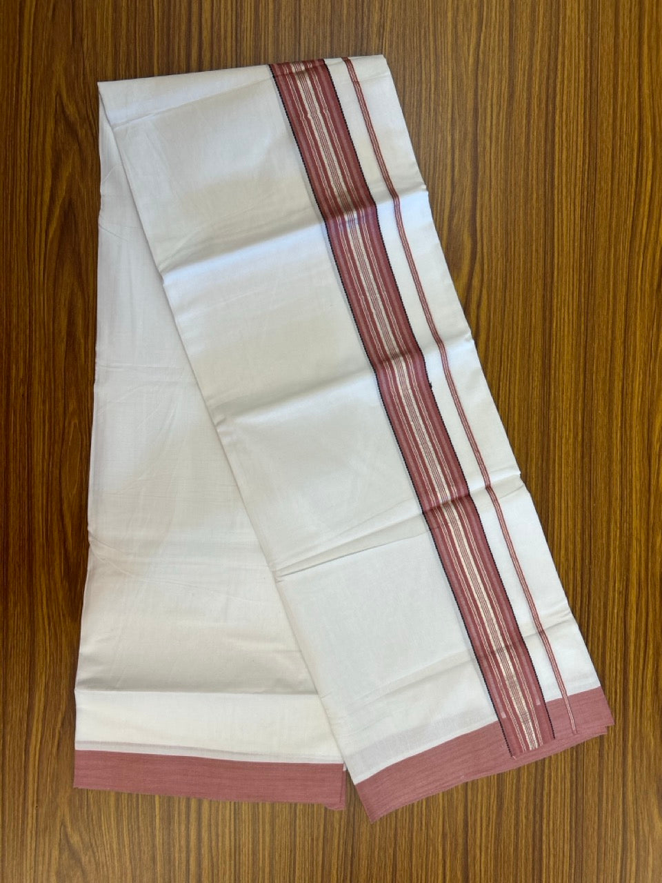 Pure White Double 20% Discount! KaithariKada 100% Cotton Pure Cotton Double Mundu / Dhoti - 100x80 - 1.75 inch Magenta Pink Black Silver Kasav Stripes Kara 3.80 meter (8 muzham) - 114 KK5220 THI