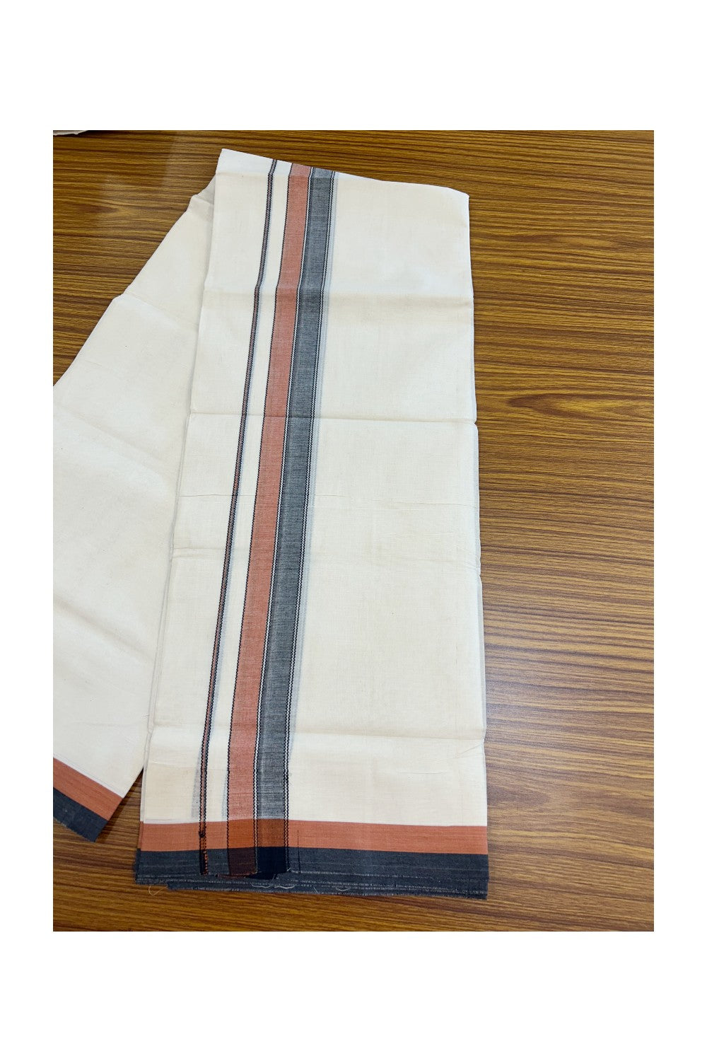 20% DISCOUNT! KaithariKada Balaramapuram 100% Cotton OFF WHITE Double (Unbleached) Mundu/Dhoti-100x80 1.75 inch Dark Orange Brown & Black designer kara 4 mtr (8.5 muzham) - 114KK5220 THI