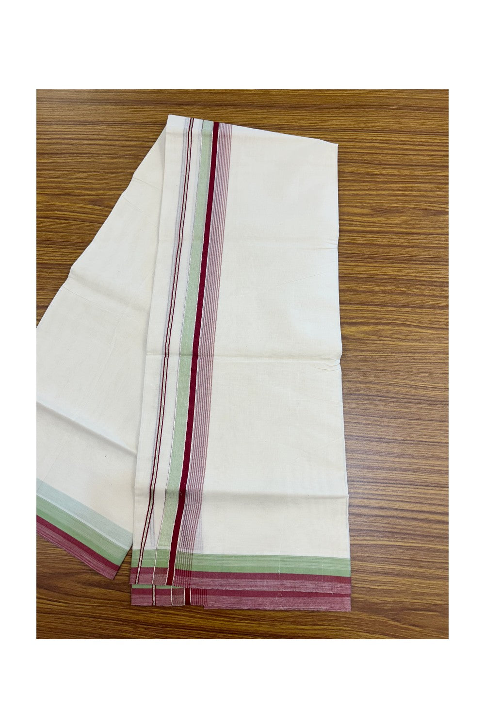 20% Discount! KaithariKada Balaramapuram 100% Cotton Double OFF WHITE (unbleached) Mundu/Dhoti- 100x80- 1.5 inch Silver Kasavu Maroon Red & Pistha Green Stripes Shaded Kara 4 mtr (8.5 muzham) - 99KK5227 PMC