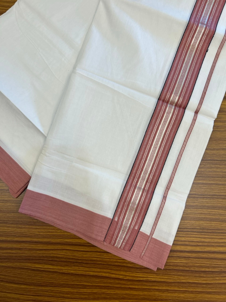 Pure White Double 20% Discount! KaithariKada 100% Cotton Pure Cotton Double Mundu / Dhoti - 100x80 - 1.75 inch Magenta Pink Black Silver Kasav Stripes Kara 3.80 meter (8 muzham) - 114 KK5220 THI