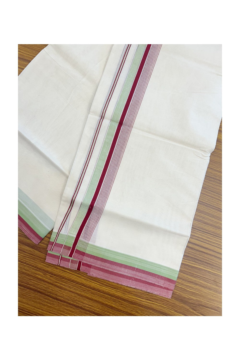 20% Discount! KaithariKada Balaramapuram 100% Cotton Double OFF WHITE (unbleached) Mundu/Dhoti- 100x80- 1.5 inch Silver Kasavu Maroon Red & Pistha Green Stripes Shaded Kara 4 mtr (8.5 muzham) - 99KK5227 PMC