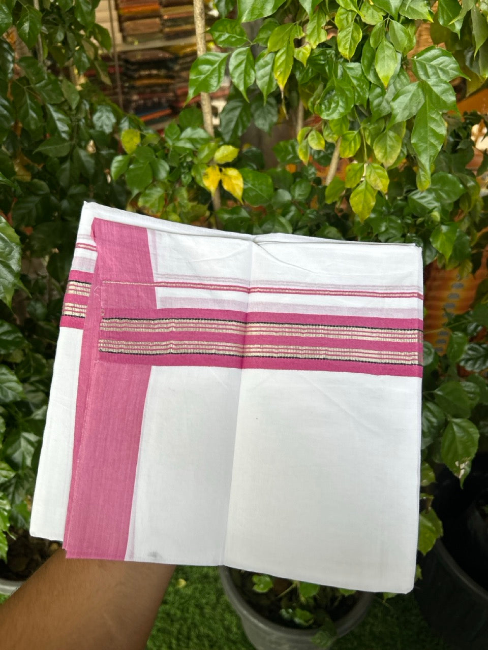 Pure White Double 20% Discount! KaithariKada 100% Cotton Pure Cotton Pure White Double Mundu / Dhoti - 100x80 - 2 inch Pink Black Silver Kasav Stripes Kara 3.80 meter (8 muzham) - 115 KK5220 THI