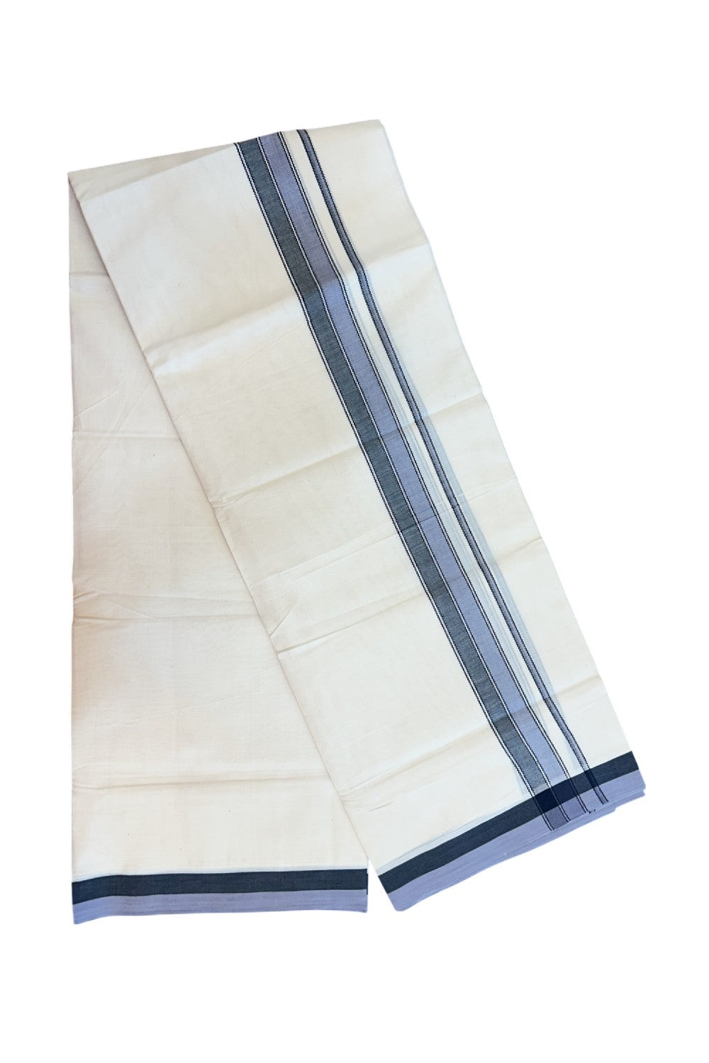20% DISCOUNT! KaithariKada Balaramapuram 100% Cotton OFF WHITE Double (Unbleached) Mundu/Dhoti-100x80 1.75 inch Ash Lavander & Black shaded designer kara 4 mtr (8.5 muzham) - 115KK5220 THI