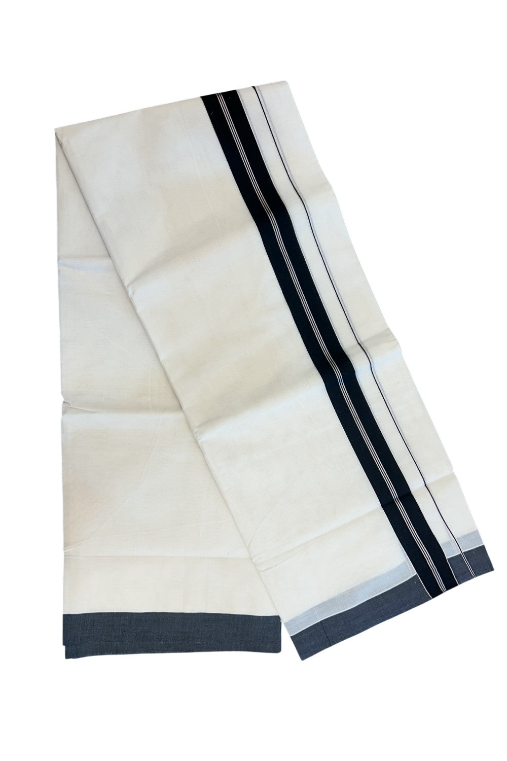 20% DISCOUNT! KaithariKada Balaramapuram 100% Cotton Double OFF WHITE (unbleached) Mundu/Dhoti- 100x80- 1.5 inch Silver Kasavu & Black Stripes Shaded Kara 4 mtr (8.5 muzham) - 100KK5227 PMC