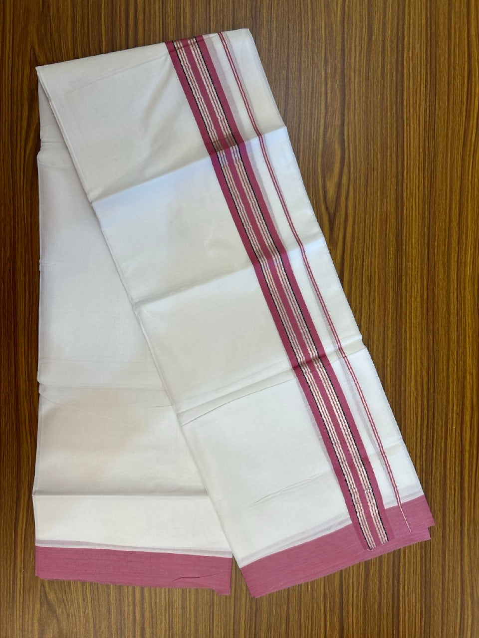 Pure White Double 20% Discount! KaithariKada 100% Cotton Pure Cotton Pure White Double Mundu / Dhoti - 100x80 - 2 inch Pink Black Silver Kasav Stripes Kara 3.80 meter (8 muzham) - 115 KK5220 THI