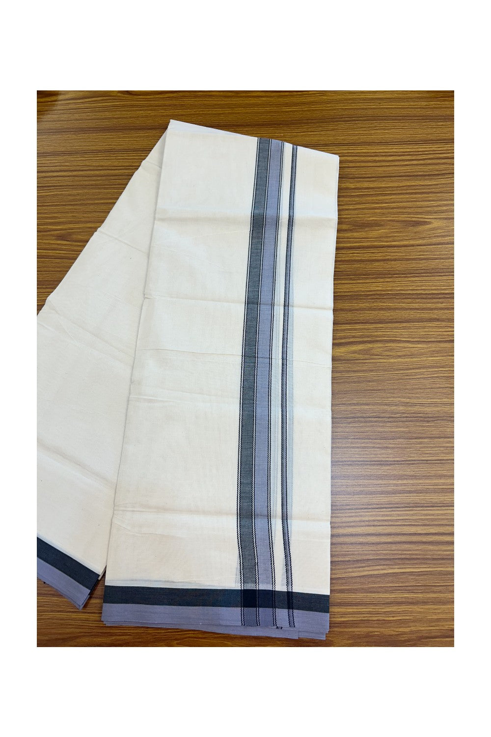 20% DISCOUNT! KaithariKada Balaramapuram 100% Cotton OFF WHITE Double (Unbleached) Mundu/Dhoti-100x80 1.75 inch Ash Lavander & Black shaded designer kara 4 mtr (8.5 muzham) - 115KK5220 THI