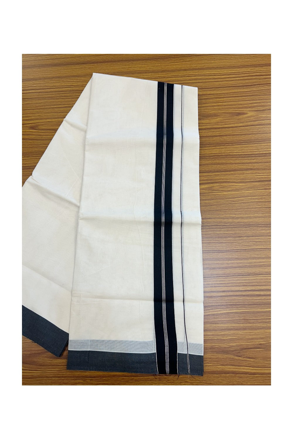 20% DISCOUNT! KaithariKada Balaramapuram 100% Cotton Double OFF WHITE (unbleached) Mundu/Dhoti- 100x80- 1.5 inch Silver Kasavu & Black Stripes Shaded Kara 4 mtr (8.5 muzham) - 100KK5227 PMC