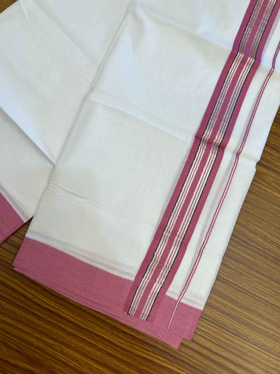 Pure White Double 20% Discount! KaithariKada 100% Cotton Pure Cotton Pure White Double Mundu / Dhoti - 100x80 - 2 inch Pink Black Silver Kasav Stripes Kara 3.80 meter (8 muzham) - 115 KK5220 THI