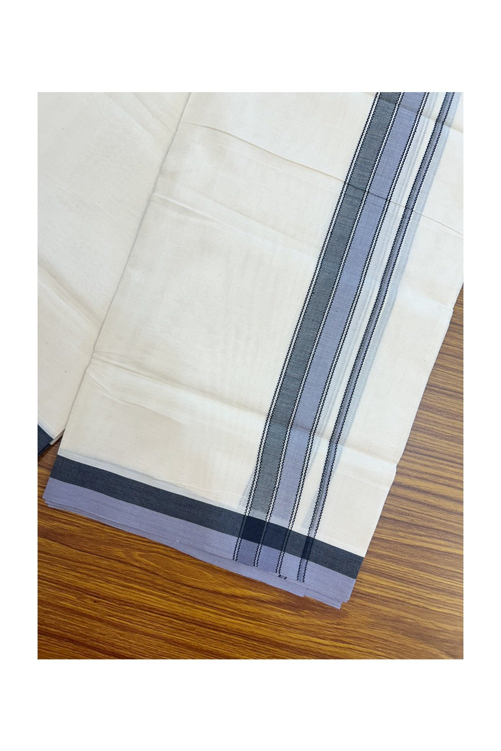 20% DISCOUNT! KaithariKada Balaramapuram 100% Cotton OFF WHITE Double (Unbleached) Mundu/Dhoti-100x80 1.75 inch Ash Lavander & Black shaded designer kara 4 mtr (8.5 muzham) - 115KK5220 THI