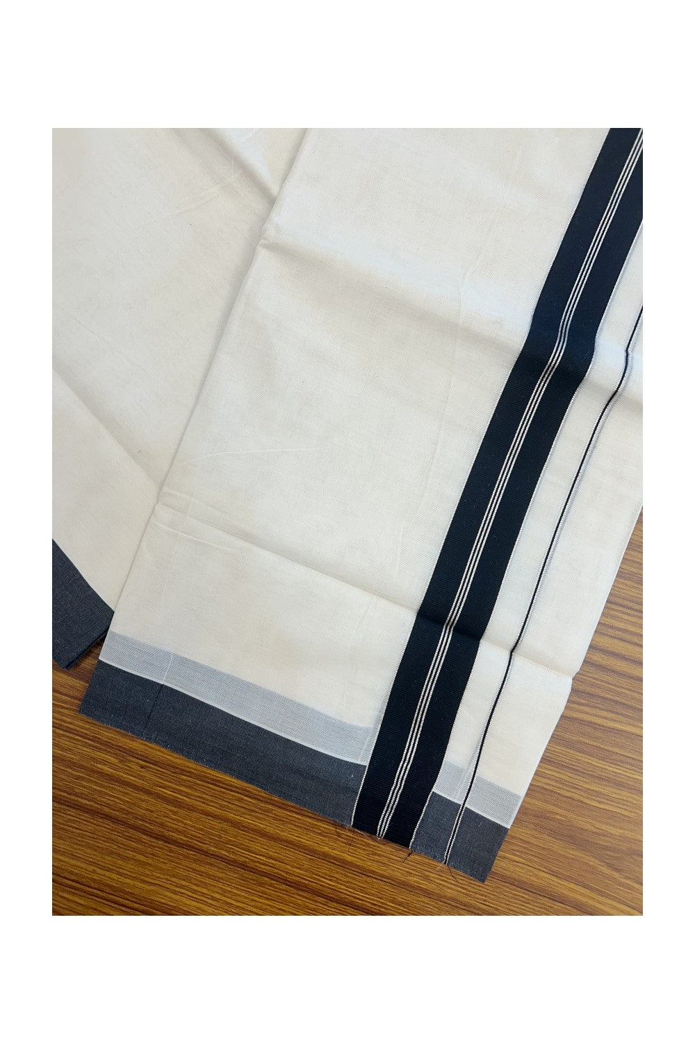 20% DISCOUNT! KaithariKada Balaramapuram 100% Cotton Double OFF WHITE (unbleached) Mundu/Dhoti- 100x80- 1.5 inch Silver Kasavu & Black Stripes Shaded Kara 4 mtr (8.5 muzham) - 100KK5227 PMC