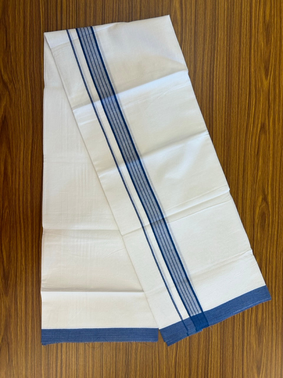 Single Pure white - Kaitharikada 100% Cotton 40s Thread Mundu / Dothi - 1 inch Blue Stripes Kara (2 meters / 4 mulam) - 117 KK5258 THI