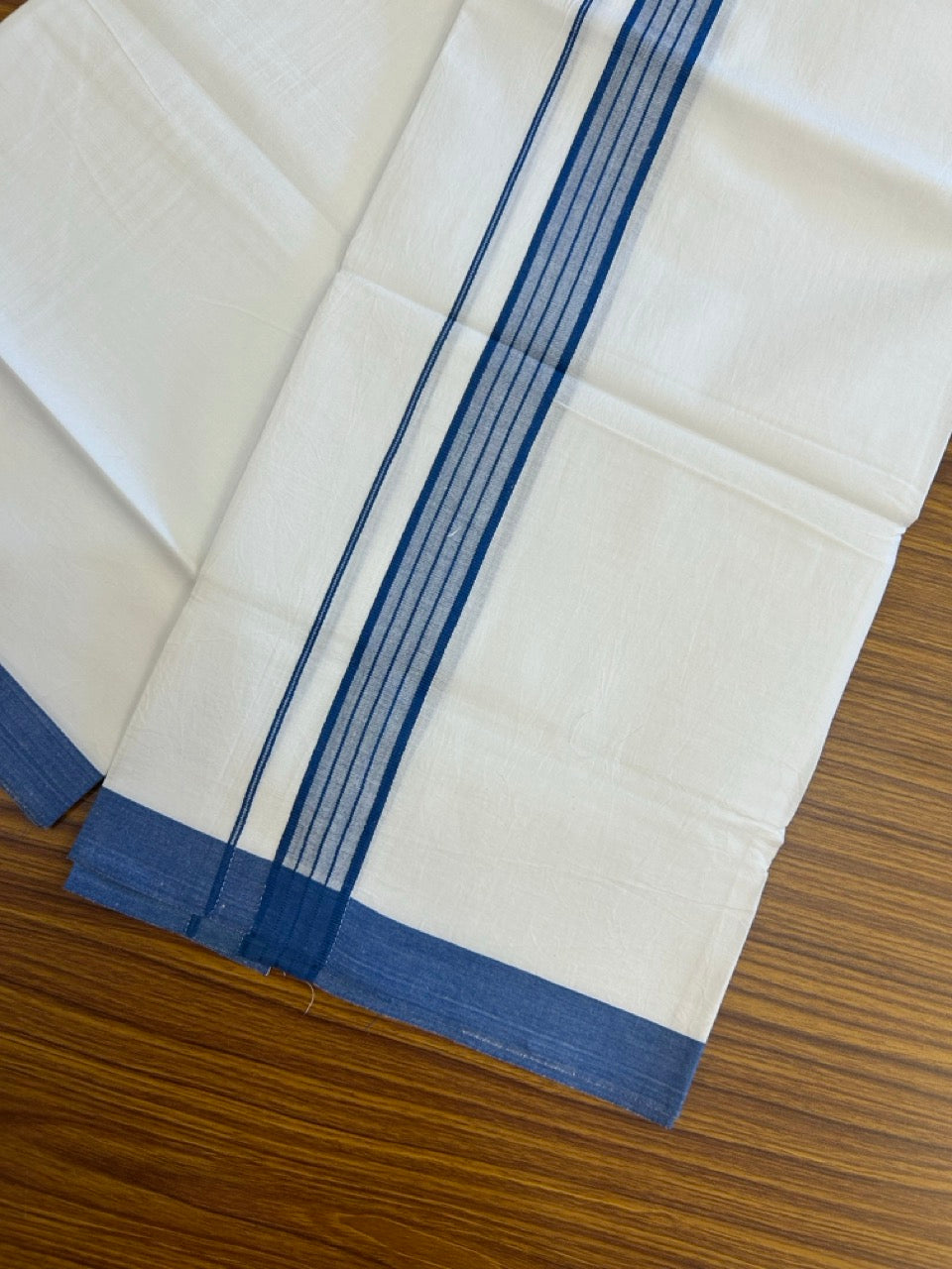 Single Pure white - Kaitharikada 100% Cotton 40s Thread Mundu / Dothi - 1 inch Blue Stripes Kara (2 meters / 4 mulam) - 117 KK5258 THI