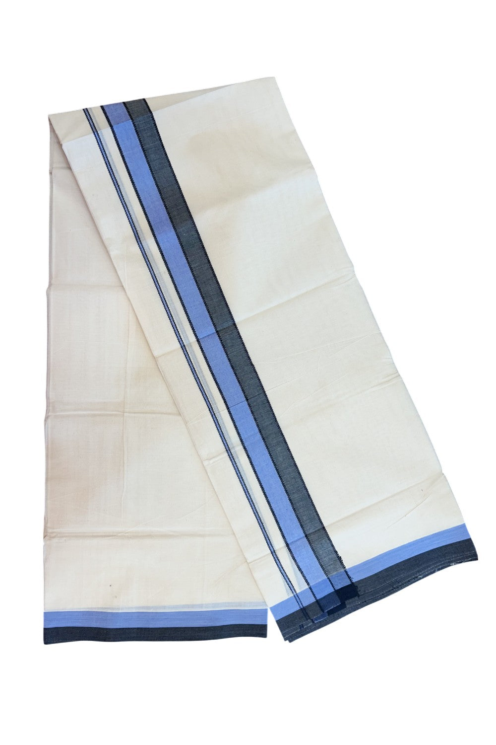 20% DISCOUNT! KaithariKada Balaramapuram 100% Cotton OFF WHITE Double (Unbleached) Mundu/Dhoti-100x80 1.75 inch Blue & Black shaded designer kara 4 mtr (8.5 muzham) - 118KK5220 THI
