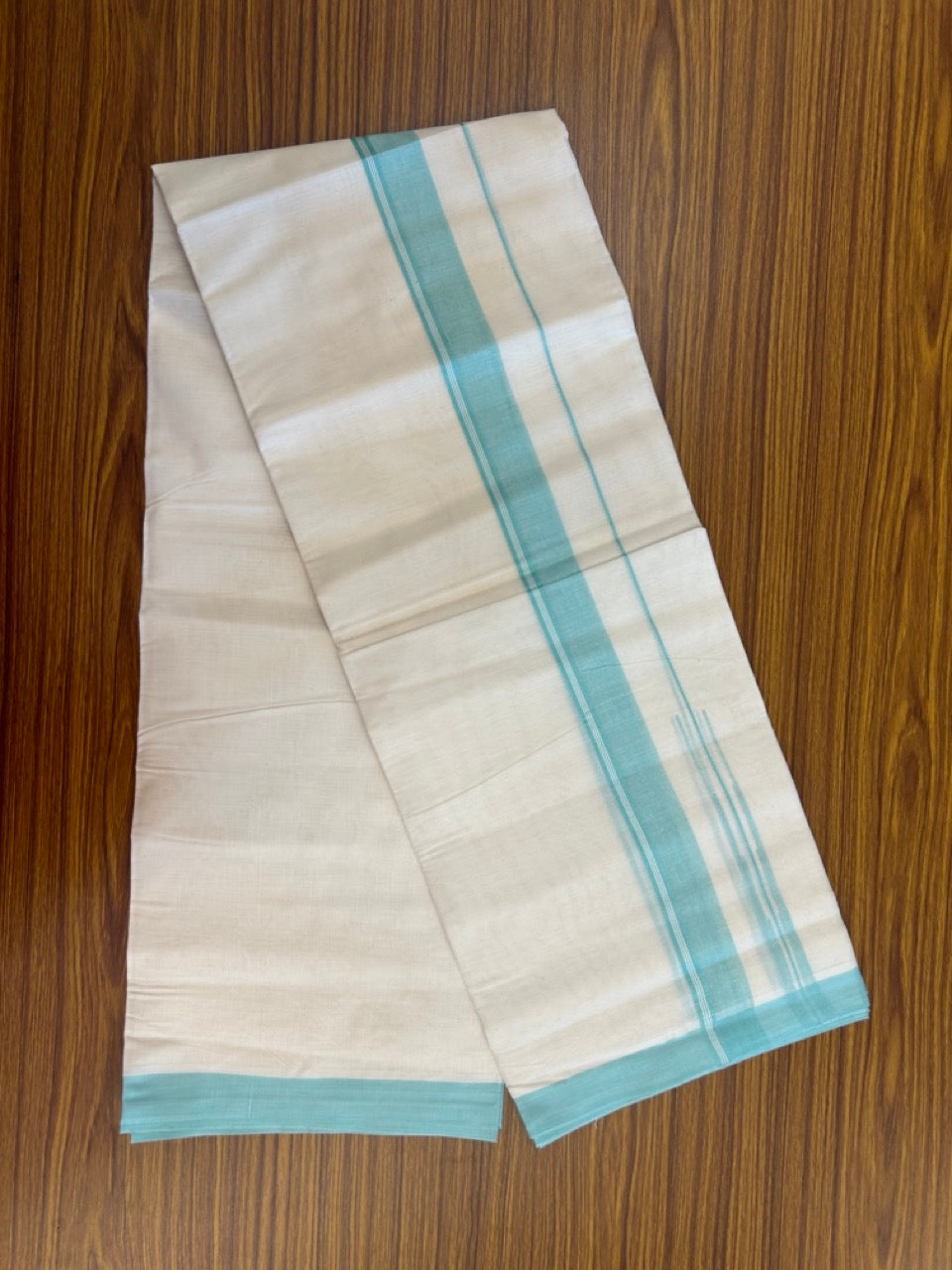 26% Discount! KaithariKada 100% Cotton 80s thread Off white Double Mundu/Dhoti - 1.25 inch Cyan Blue White Striped Chutty PuliyilaKara - 4mtr (8.5muzham) - 118 KK5255 VAS