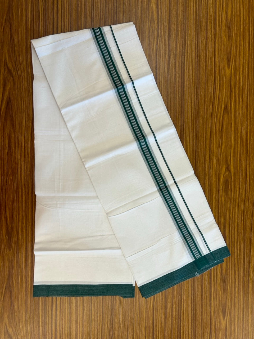 Single Pure white - Kaitharikada 100% Cotton 40s Thread Mundu / Dothi - 1 inch Green Stripes Kara (2 meters / 4 mulam) - 118 KK5258 THI