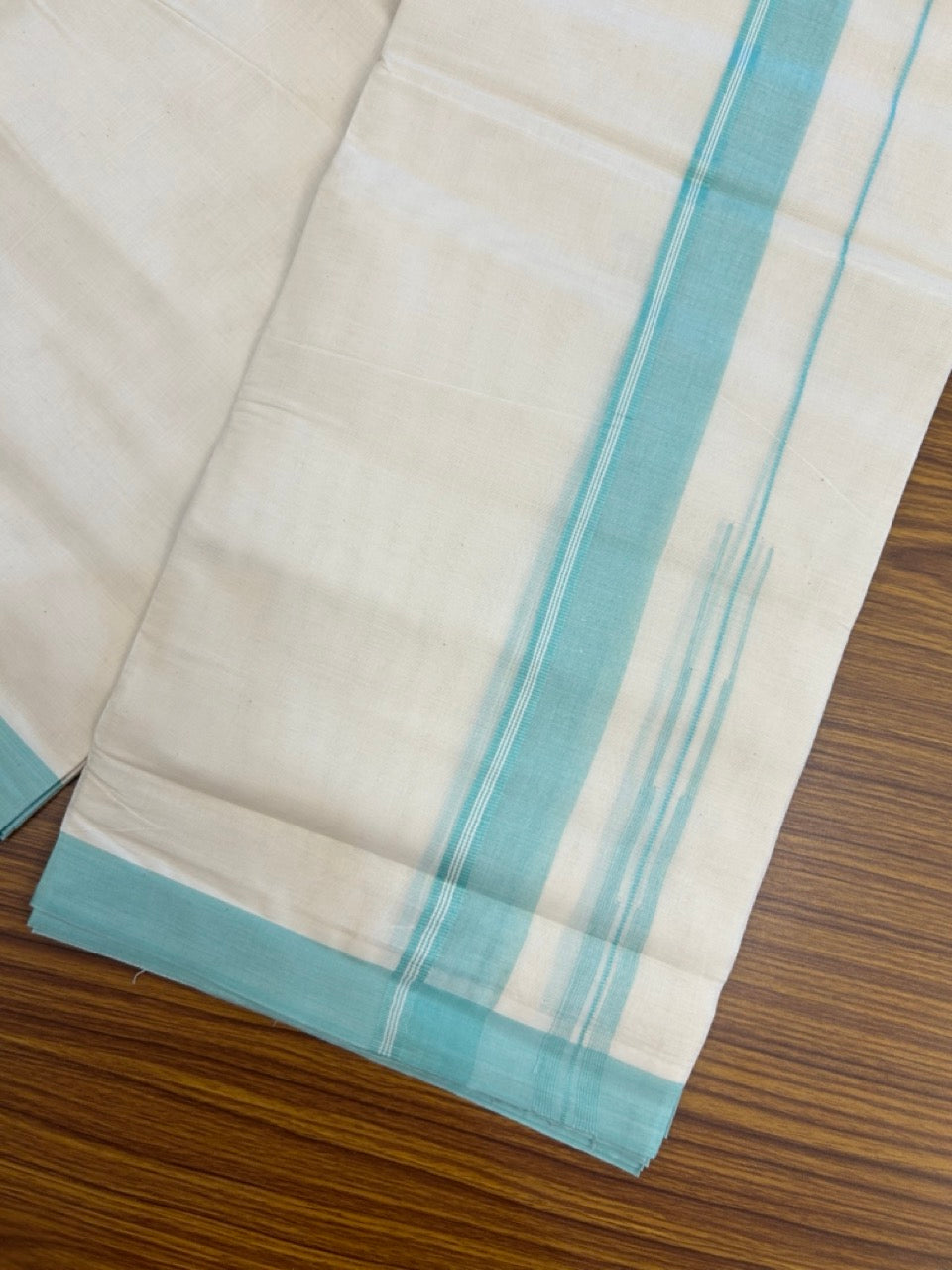26% Discount! KaithariKada 100% Cotton 80s thread Off white Double Mundu/Dhoti - 1.25 inch Cyan Blue White Striped Chutty PuliyilaKara - 4mtr (8.5muzham) - 118 KK5255 VAS
