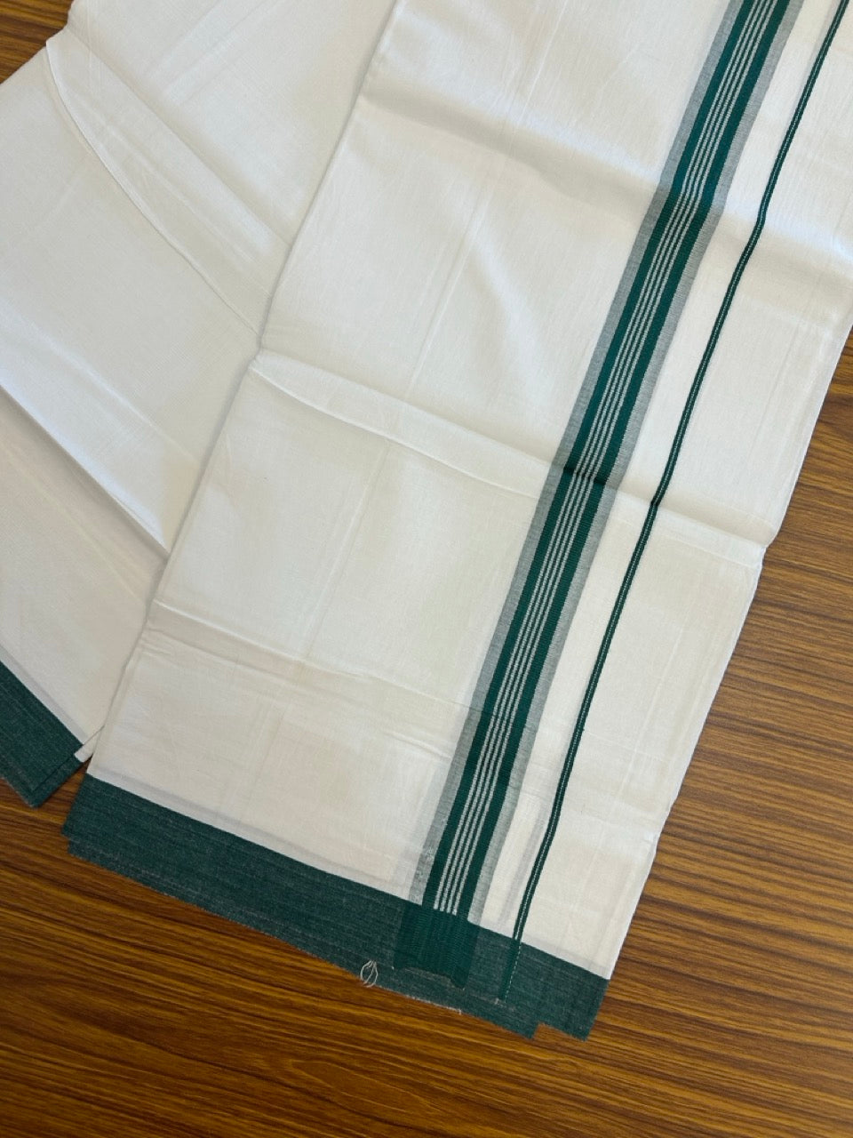 Single Pure white - Kaitharikada 100% Cotton 40s Thread Mundu / Dothi - 1 inch Green Stripes Kara (2 meters / 4 mulam) - 118 KK5258 THI