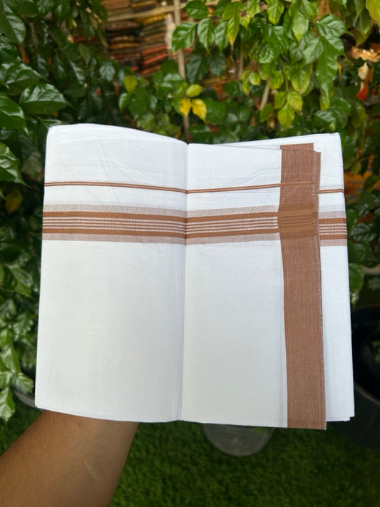 Single Pure white - Kaitharikada 100% Cotton 40s Thread Mundu / Dothi - 1 inch Brown Stripes Kara (2 meters / 4 mulam) - 119 KK5258 THI