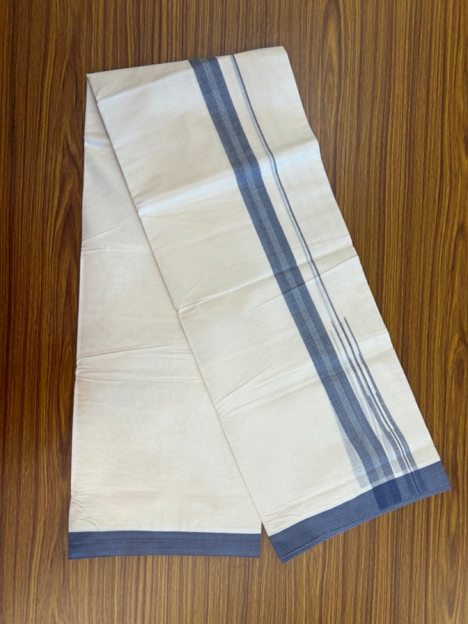 26% Discount! KaithariKada 100% Cotton 80s thread Off white Double Mundu/Dhoti - 1.25 inch Navy Blue White Striped Chutty PuliyilaKara - 4mtr (8.5muzham) - 119 KK5255 VAS