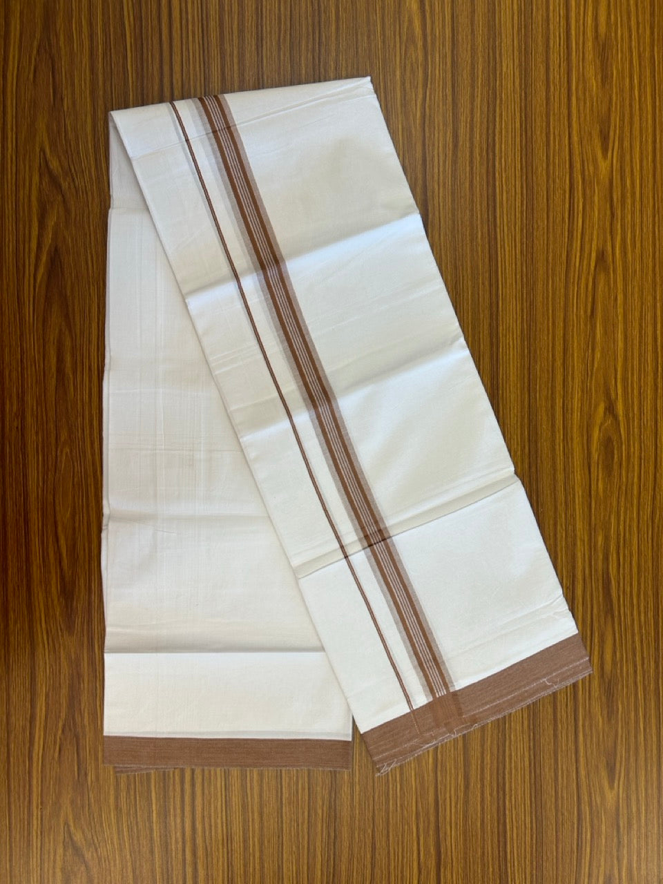 Single Pure white - Kaitharikada 100% Cotton 40s Thread Mundu / Dothi - 1 inch Brown Stripes Kara (2 meters / 4 mulam) - 119 KK5258 THI