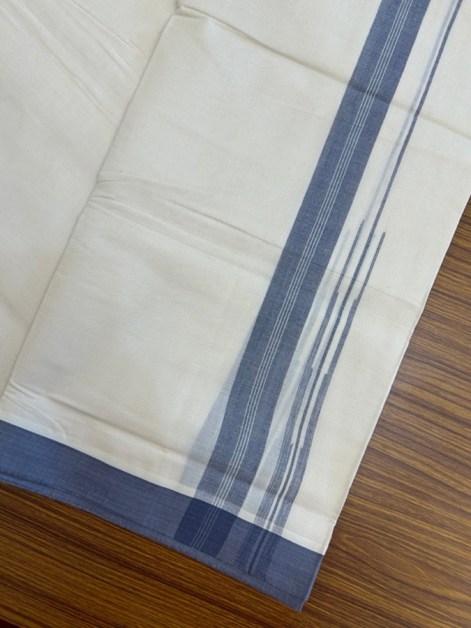 26% Discount! KaithariKada 100% Cotton 80s thread Off white Double Mundu/Dhoti - 1.25 inch Navy Blue White Striped Chutty PuliyilaKara - 4mtr (8.5muzham) - 119 KK5255 VAS