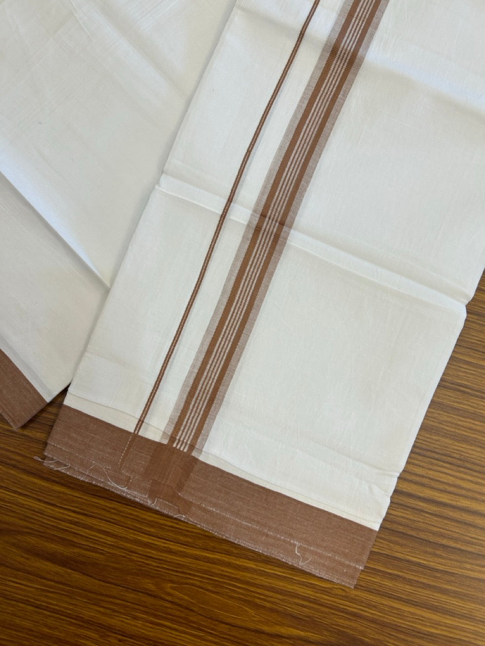Single Pure white - Kaitharikada 100% Cotton 40s Thread Mundu / Dothi - 1 inch Brown Stripes Kara (2 meters / 4 mulam) - 119 KK5258 THI