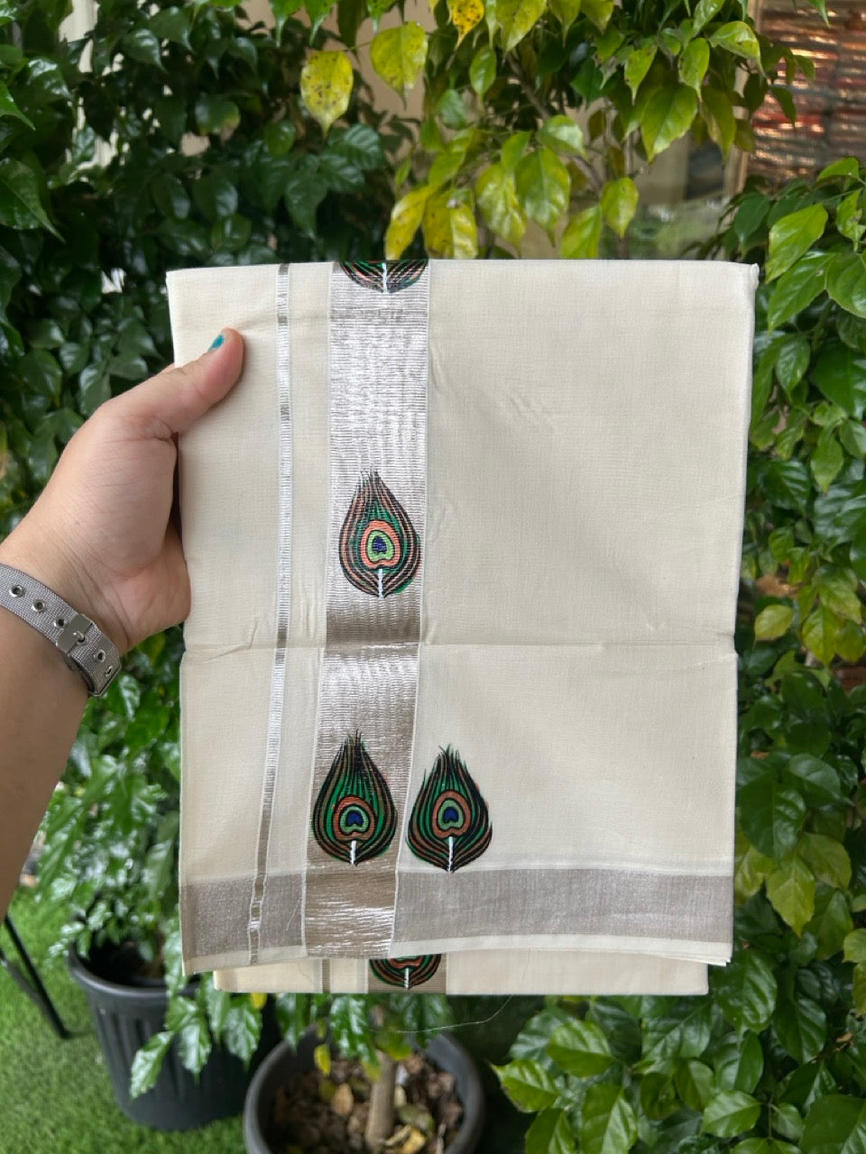 24% Discount! KaithariKada 100% Cotton Double Off white - (Ubleached) Mundu / Dhoti - 100x80 1.5 inch Silver Kasavu & Hand Painted Peacock - 12 KK5259 CKS