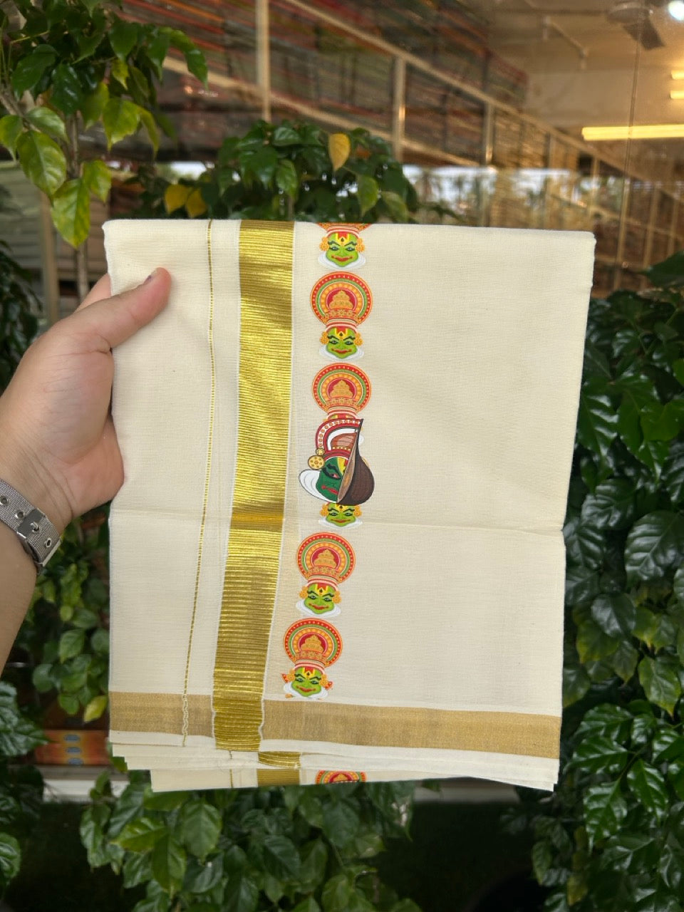 25% Discount!! KaithariKada Balaramapuram Mixed Cotton Double Off white - (Ubleached) Mundu/Dhoti - 80x72 - 1 inch Kasavu & Kathakali Printed Design Kara - 12 KK5262 MUT