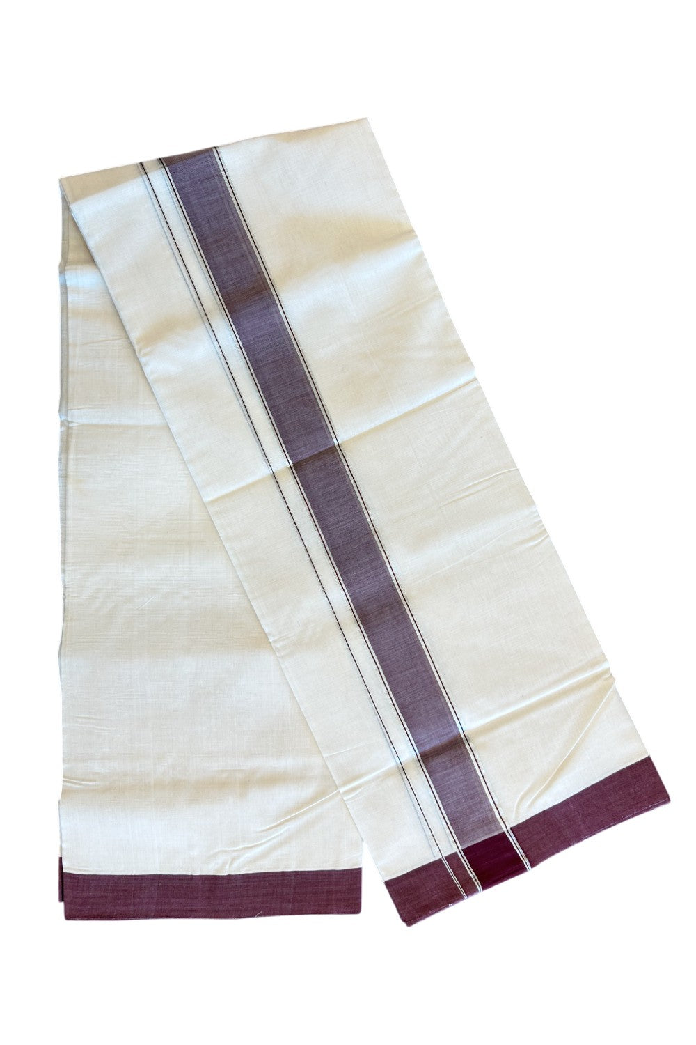 25% Discount KaithariKada HANDLOOM Unakkupaav Balaramapuram - 100% PURE Cotton off white (Unbleached) Double Mundu/Dhoti - 2.5 inch Vine Brown & Silver Kasavu Kara-162