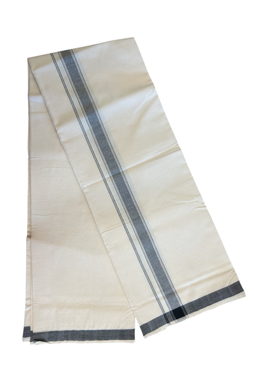30% Discount KaithariKada 100% Cotton Balaramapuram HANDLOOM Single Mundu/Dhoti - Off White (Unbleached) 1.75inch (2 meter / 4 muzham) Black Kara Stripes- 328