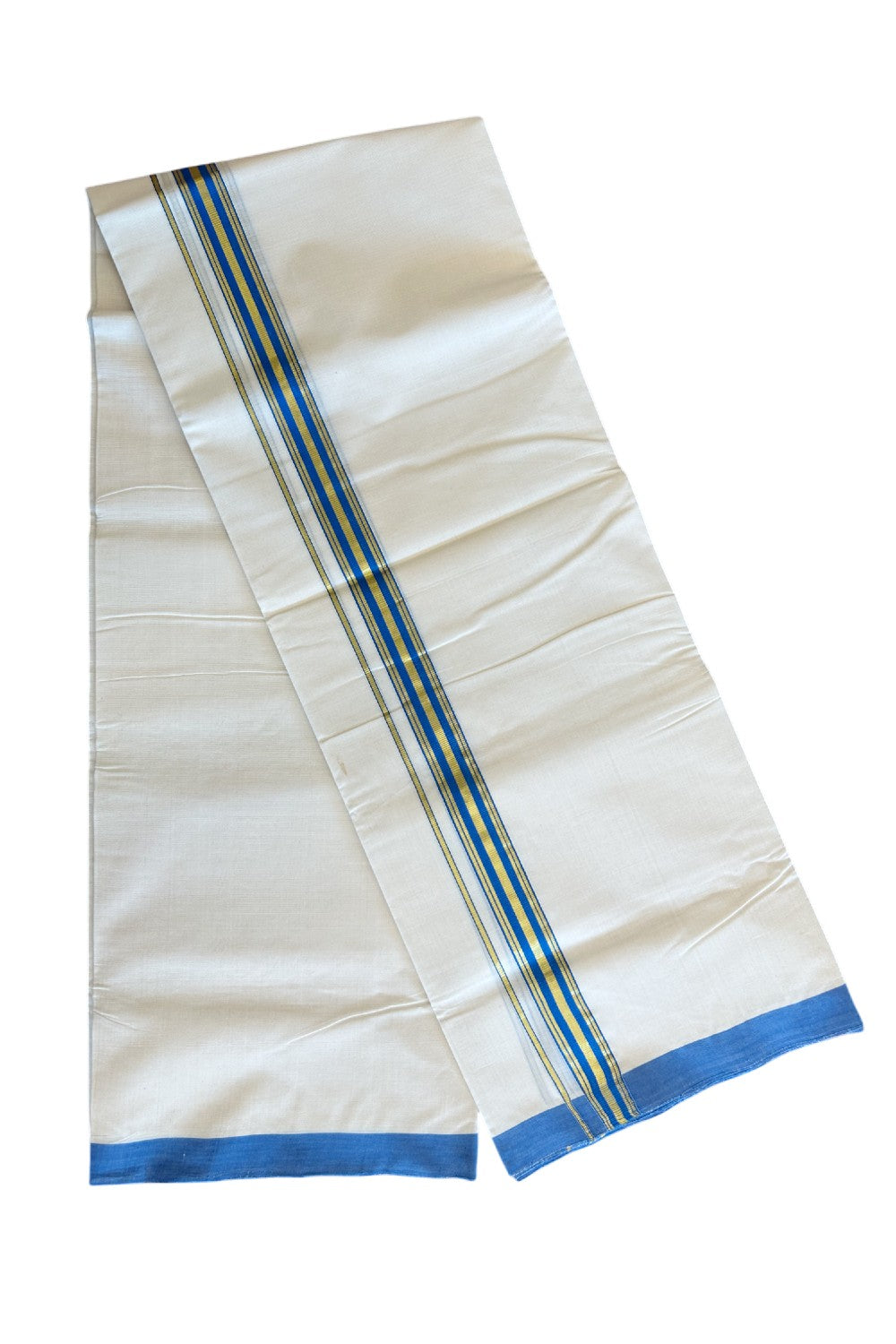 25% Discount KaithariKada Balaramapuram Handloom 100% Cotton Double Off white (Unbleached) Mundu/Dhoti-100X100- 1.75inch Gold Kasavu & Blue Kara.-5.