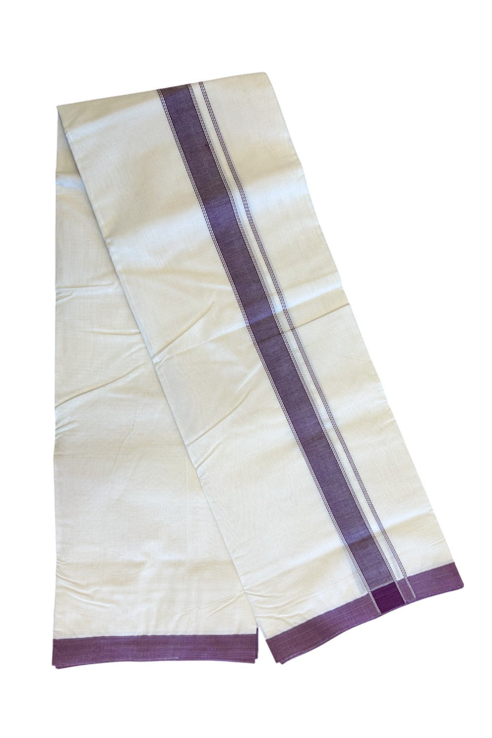NEW !! 14% DISCOUNT!! KaithariKada Balaramapuram 100% Cotton Double Off white - (Unbleached) Mundu/Dhoti-100x80 - 1 inch PURPLE ,VIOLET KARA - 3.75 mtr (8 Muzham)