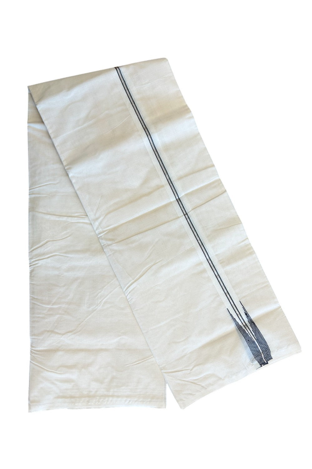 27% DISCOUNT!! KaithariKada Balaramapuram 100% Cotton off white Double - (Unbleached) Mundu/Dhoti-100x100 Silver Kasavu & Black Striped Chutty - 6KK115KAI