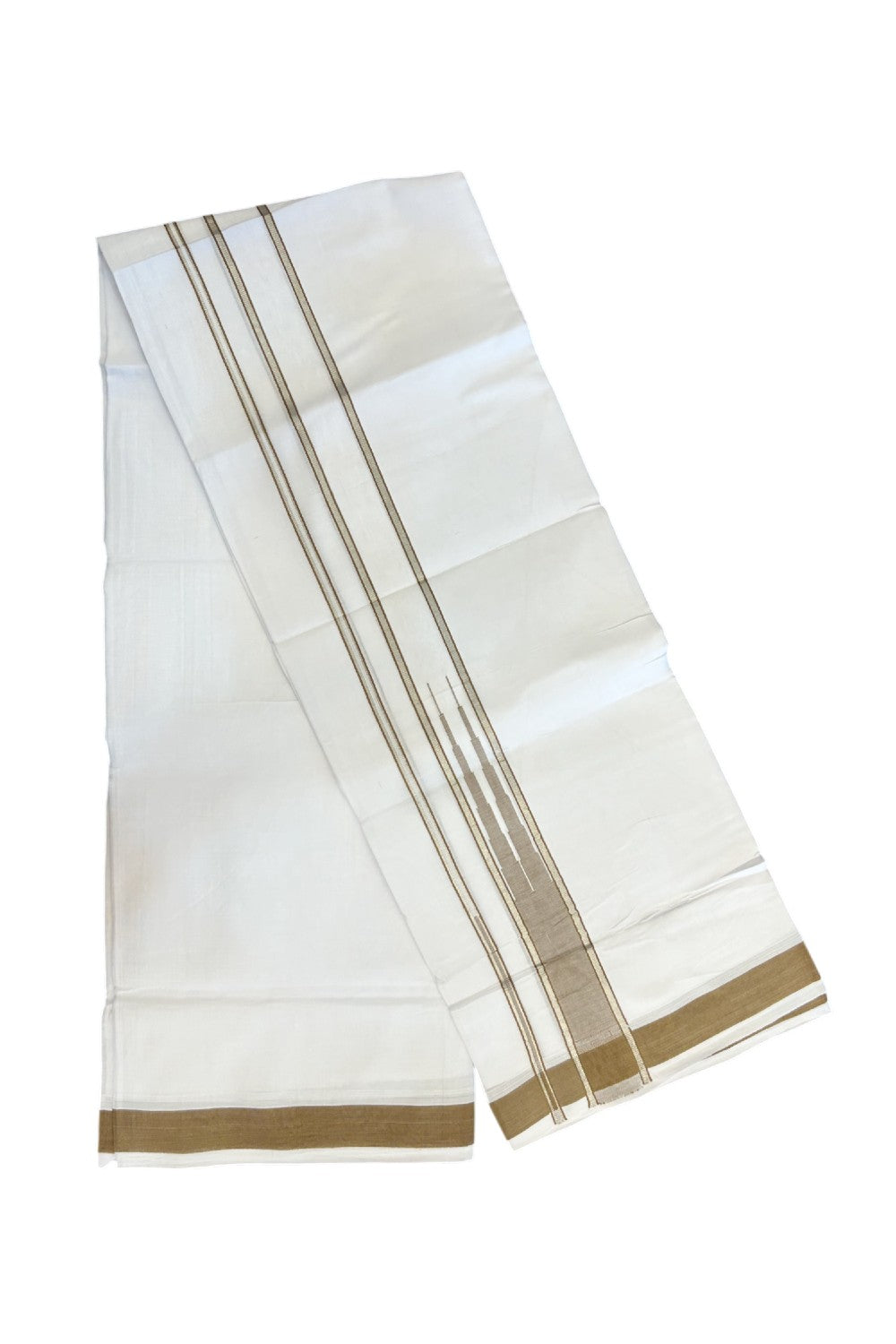 25% DISCOUNT! KaithariKada Balaramapuram 100% Mercerised Cotton Double ULTRA PURE white Mundu/Dhoti - 120x120 - 1.5 inch Heavy Chutty Silver Kasavu & peanut Brown Shaded Kara -12KK5139THI