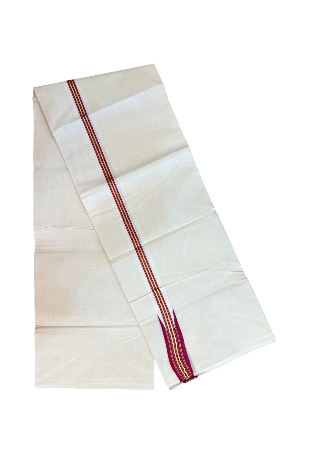 20% DISCOUNT!! KaithariKada Balaramapuram Pure Cotton DOUBLE OFF WHITE - (Unbleached) - Mundu/Dhoti - 100x80 - 1 inch Puliyilakkara Maroon & Kasav Chutty - 12KK5171GAN