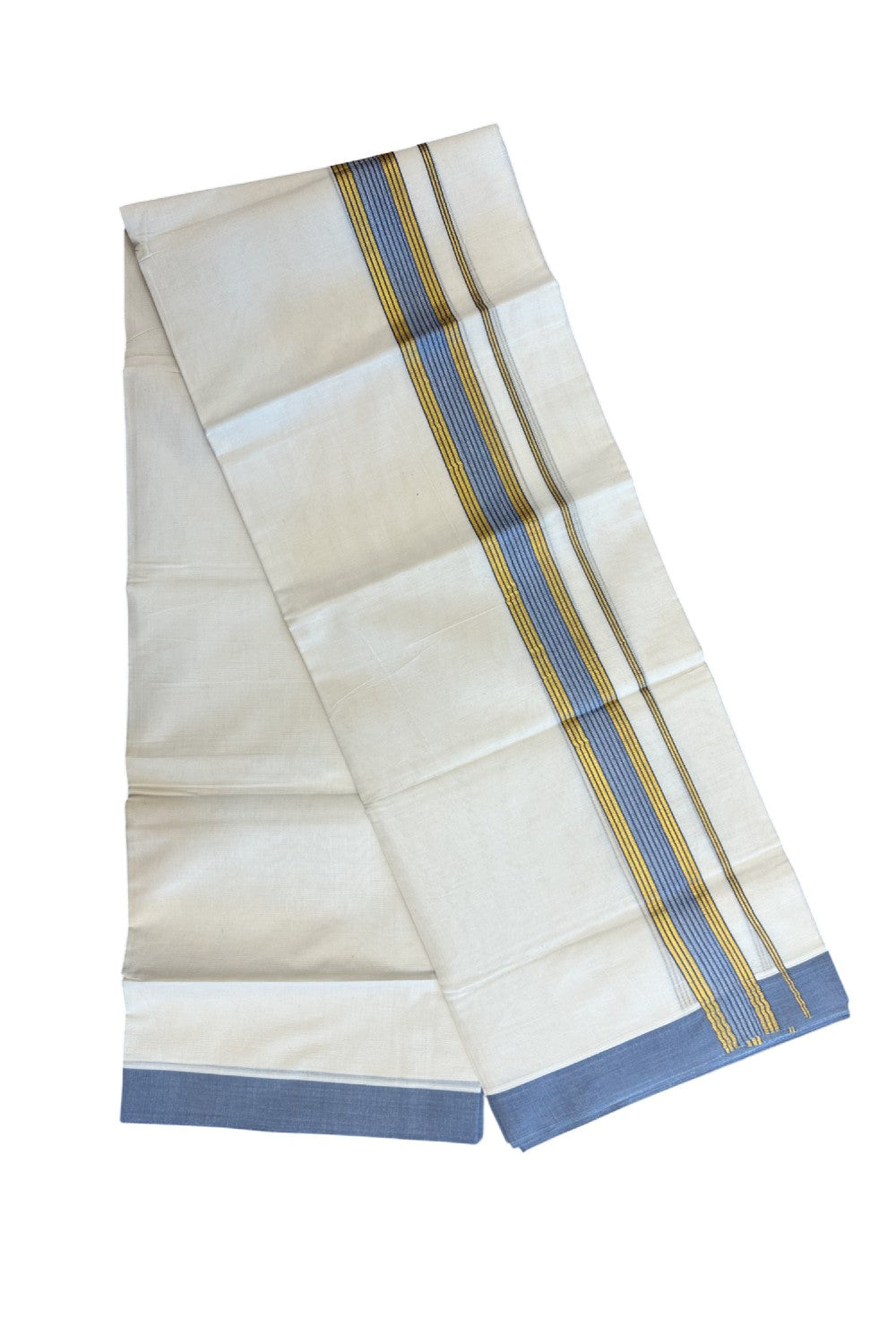 20% DISCOUNT! KaithariKada Balaramapuram Double OFF WHITE Mundu/Dhoti - 80x80 - 1.5 Inch Gold Kasavu & Dark Pastel Blue Shaded striped Kara - 12KK5182VAS