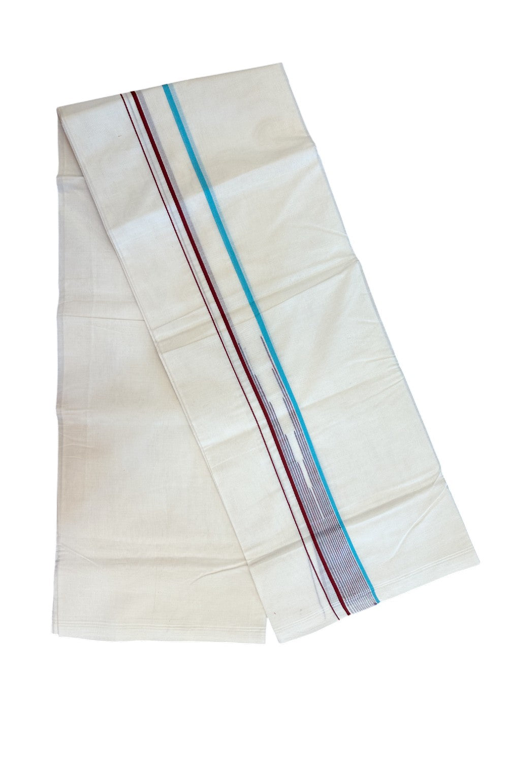 20% Discount ! Kaitharikada Balaramapuram 100% Cotton Double Off white (Unbleached) Mundu/Dhoti - 100x80 - 1.5 inch Turquoise Blue & Maroon Stripes Chutty Kara - 12KK5186CKS