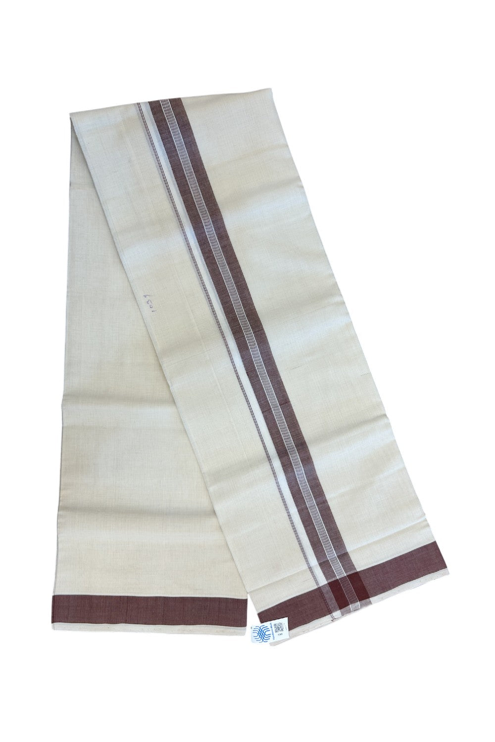 25% Discount KaithariKada Handloom Unakkupaav Balaramapuram - 100% Pure Cotton Off White (Unbleached) Double Mundu/Dhoti - 80X90 - 1.5 inch Light Brown Center Stripes Kara 3.80 mtr - 12KK5192ELA