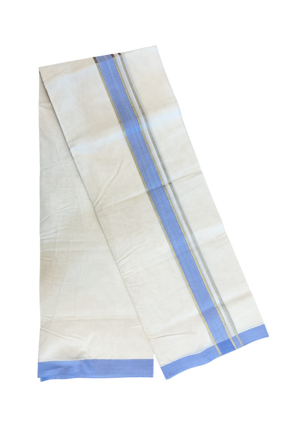 NEW !! 20% DISCOUNT!! KaithariKada Balaramapuram 100% Cotton Double Off white - (Unbleached) Mundu/Dhoti-100x80 - 1.5 inch Gold Kasavu & Lavender Blue Shaded Striped KARA - 3.75 mtr (8 Muzham) - 12KK5218 ASH