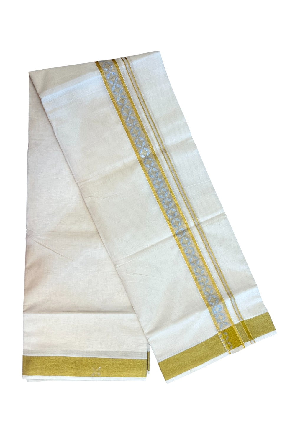 22% Discount!! KaithariKada Balaramapuram 100% Cotton DOUBLE OFF WHITE - (Ubleached) Mundu/Dhoti - 80x90 - 1.5 inch Gold Kasavu with Silver Floral Printed Design Kara - 12KK5219 GAN