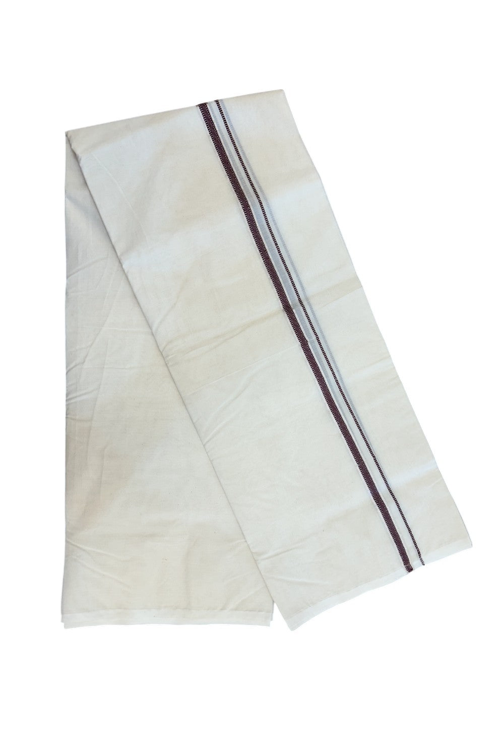 20% Discount KaithariKada Balaramapuram 100% Cotton Double Off white - (Unbleached) - Mundu/Dhoti - 100x100 - 1.5 cm Silver Kasav & Brown Design Kara - 12KK5226 ASH