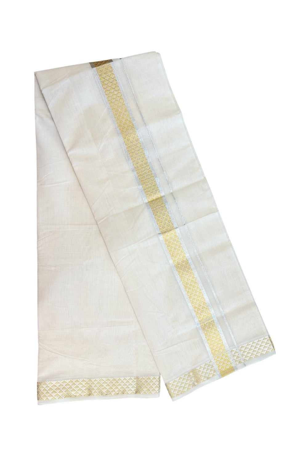 25% DISCOUNT ! KaithariKada HANDLOOM Unakkupaav Balaramapuram - 100% PURE Cotton OFF WHITE - (Unbleached) Double Mundu/Dhoti - 80x90 - 1.75 inch Gold Kasavu & Silver Jacquard Design Kara 3.80 meter (8 Muzham) - 11KK5231 ABH