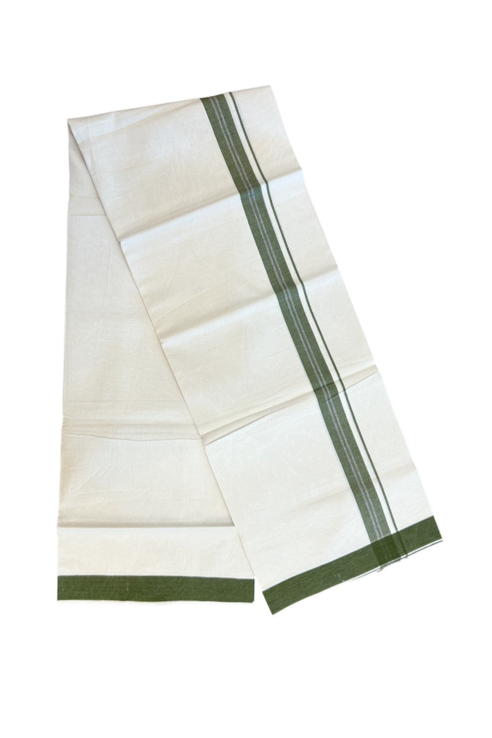 24% Discount !! KaithariKada Balaramapuram 100% Cotton OFF WHITE (Unbleached) Single Mundu/Dhoti - Twisted 60s Thread - 1 inch Olive Green shaded striped Kara (2 meter / 4 muzham) - 42KK5241 GL