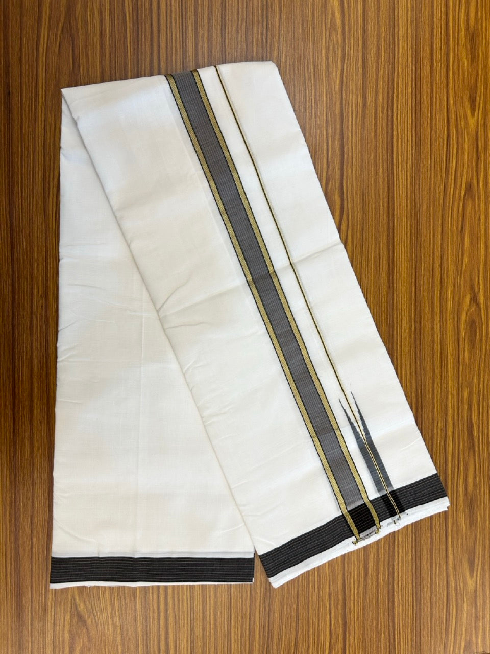 25% Discount!! NEW ULTRA PURE WHITE THREAD HANDLOOM Balaramapuram - 100% MERCERISED Cotton Double Mundu/Dhoti - 120 twisted warp x 80s weft - Black Brown Stripes Gold Kasav Chutty Kara- 12KK5248 REA