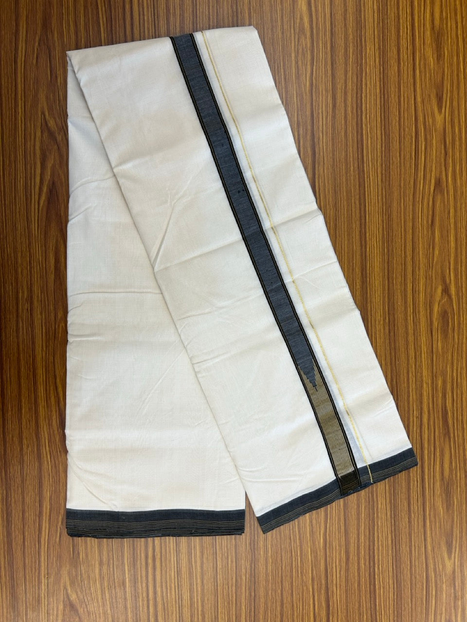 25% DISCOUNT!! KaithariKada HANDLOOM UNAKKUPAAV Balaramapuram - 100% PURE Cotton OFF White - (Unbleached) Double Mundu/Dothi - 100 x 80 - Black Brown Chutty Kara PURE JERRY - 3.85meter - 12 KK5249 REA