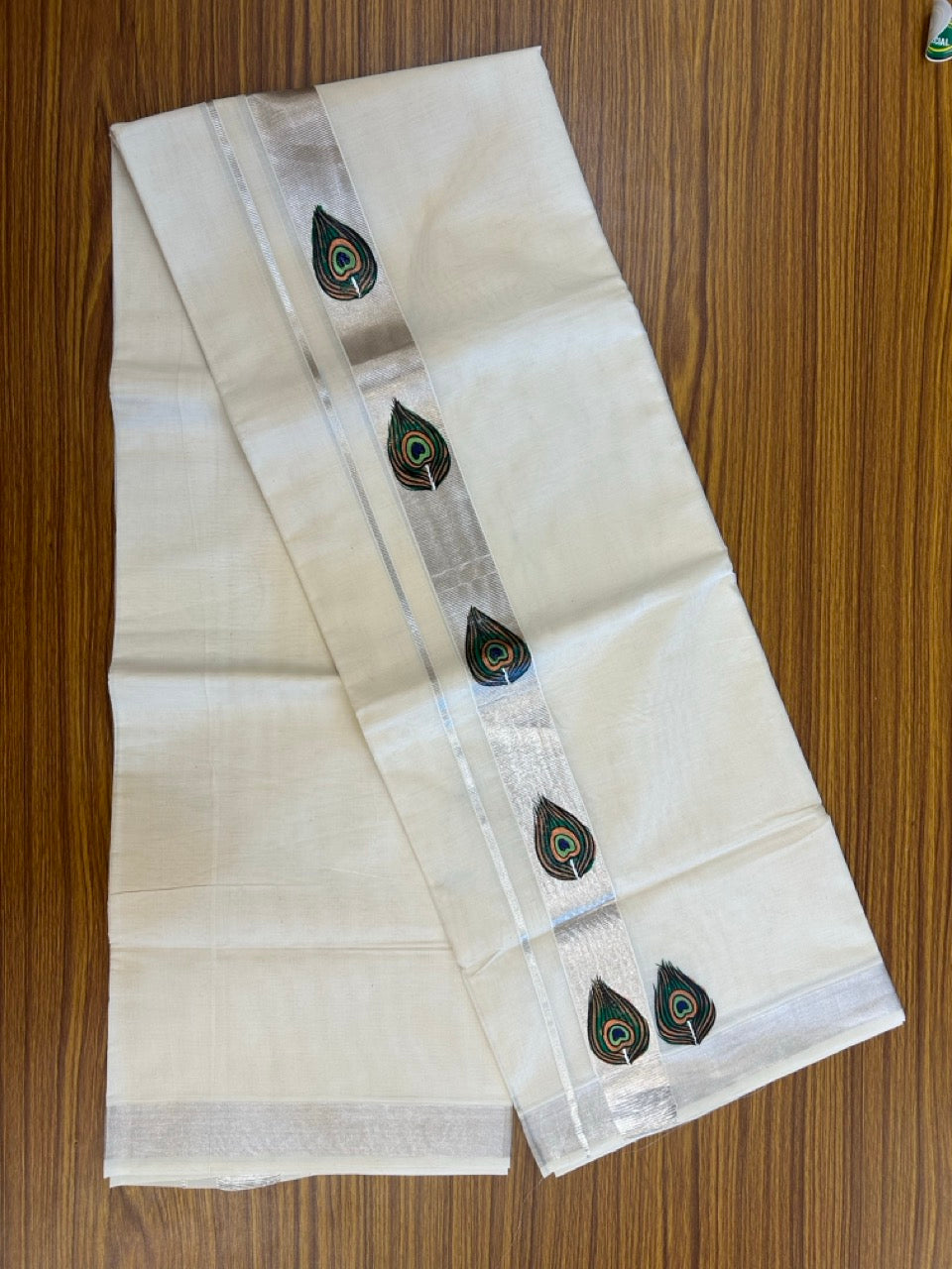 24% Discount! KaithariKada 100% Cotton Double Off white - (Ubleached) Mundu / Dhoti - 100x80 1.5 inch Silver Kasavu & Hand Painted Peacock - 12 KK5259 CKS