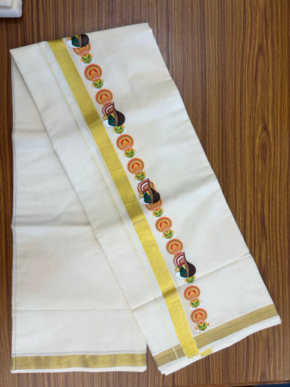 25% Discount!! KaithariKada Balaramapuram Mixed Cotton Double Off white - (Ubleached) Mundu/Dhoti - 80x72 - 1 inch Kasavu & Kathakali Printed Design Kara - 12 KK5262 MUT