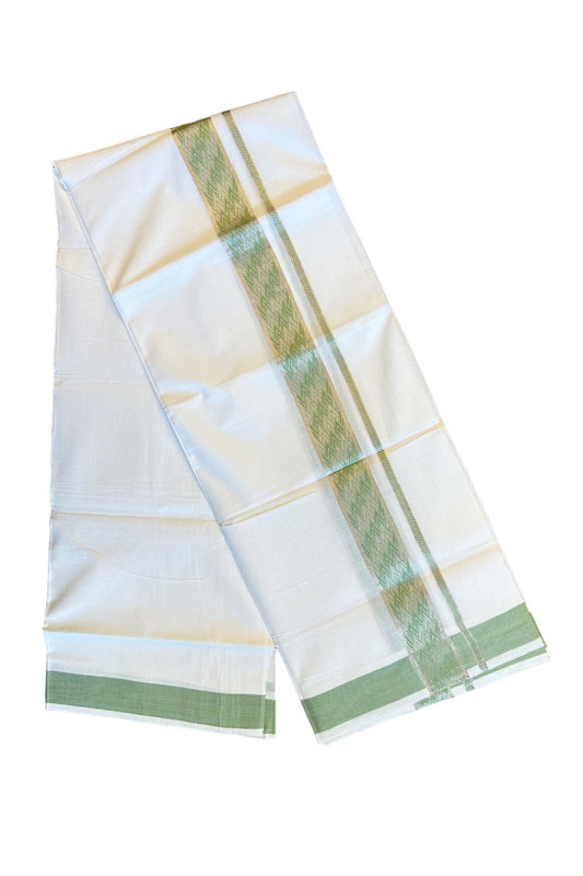 20% DISCOUNT! KaithariKada Balaramapuram 100% Cotton Double PURE white Mundu/Dhoti-100x100  Silver kasavu parrot green pattern Kara  - 12KK79PMC